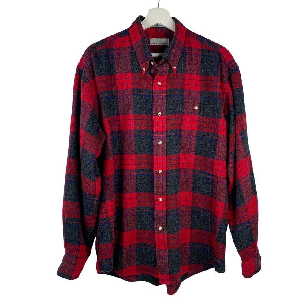 Vtg enro Size L Flannel Shirt Classic Red Gray Plaid Long Sleeve Button Up Men’s